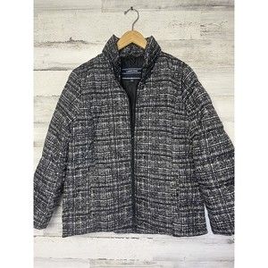 EUC Lands’ End Down Graphic Black Print Down Coat Zip Up Warm Sz M 10-12